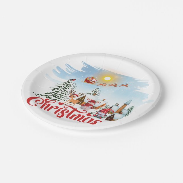Cute Gnome, Snowman Celebrating Christmas Holiday Paper Plate (Angled)