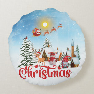 Cute Gnome, Snowman Celebrating Christmas Holiday Round Cushion