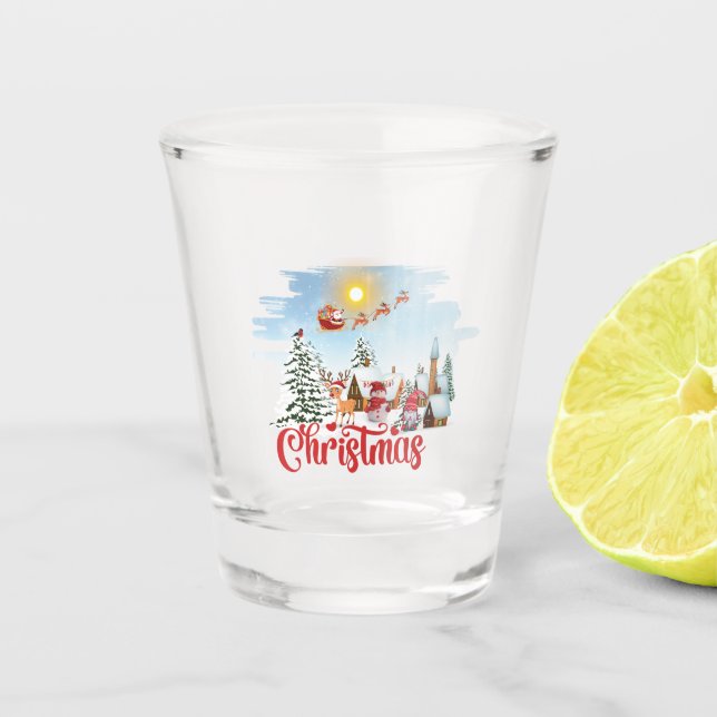 Cute Gnome, Snowman Celebrating Christmas Holiday Shot Glass (Front)