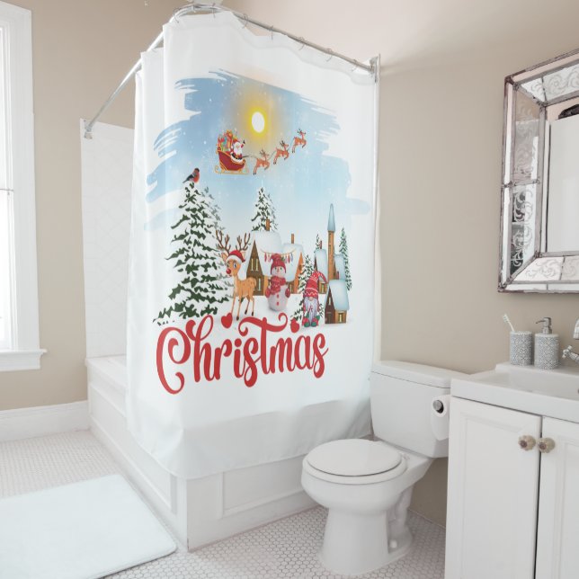 Cute Gnome, Snowman Celebrating Christmas Holiday Shower Curtain (In Situ)
