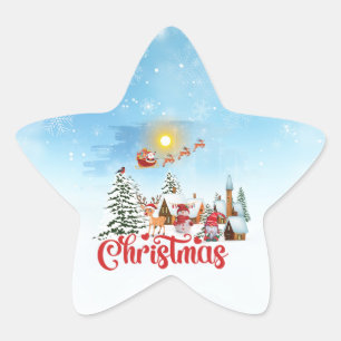 Cute Gnome, Snowman Celebrating Christmas Holiday Star Sticker