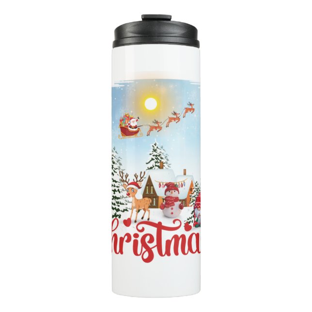 Cute Gnome, Snowman Celebrating Christmas Holiday Thermal Tumbler (Front)