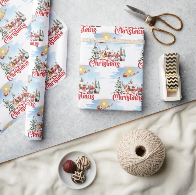 Cute Gnome, Snowman Celebrating Christmas Holiday Wrapping Paper (Crafts)