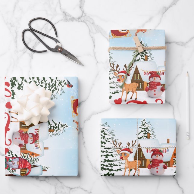 Cute Gnome, Snowman Celebrating Christmas Holiday Wrapping Paper Sheet (Front)