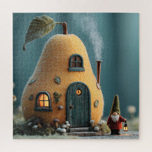 Cute Gnome Standing by a Pear Fairy Cottage Jigsaw Puzzle
