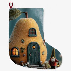 Cute Gnome Standing by a Pear Fairy Cottage Large Christmas Stocking
