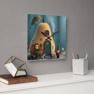 Cute Gnome Standing by a Pear Fairy Cottage Square Wall Clock