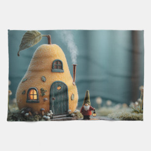 Cute Gnome Standing by a Pear Fairy Cottage Tea Towel