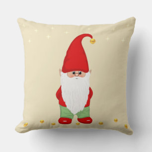 Cute Gnome, Stars and Gold Confetti on Beige Cushion