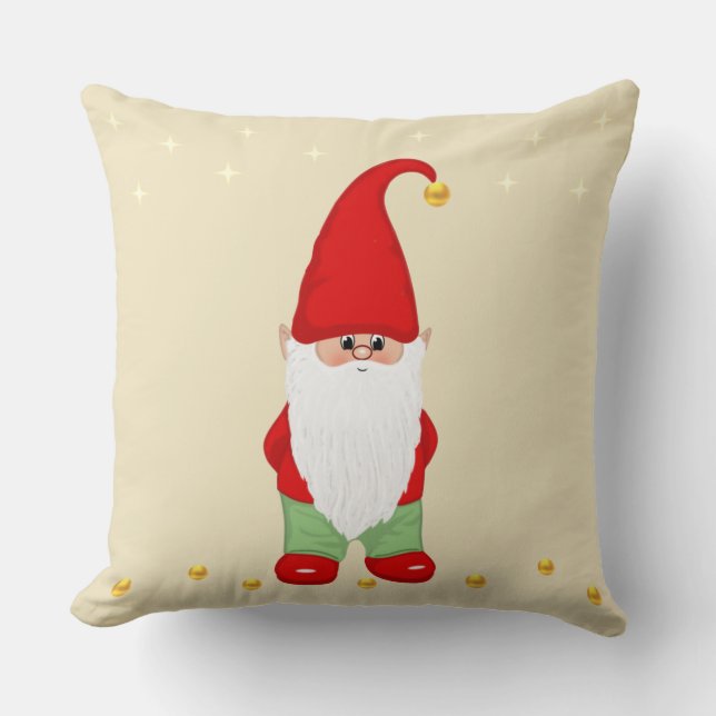 Cute Gnome, Stars and Gold Confetti on Beige Cushion (Front)