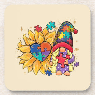 Cute Gnome, Sunflower & Heart Autism Awareness Coaster