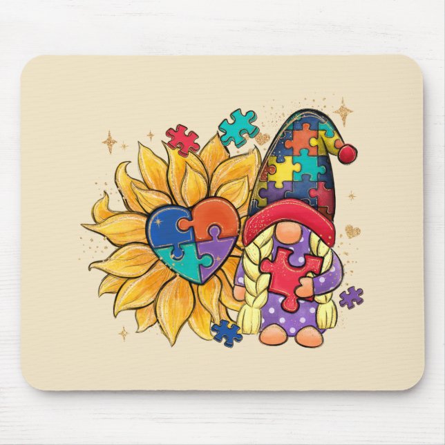 Cute Gnome, Sunflower & Heart Autism Awareness Mouse Mat (Front)