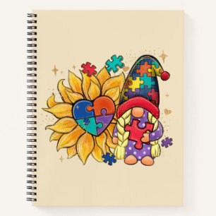 Cute Gnome, Sunflower & Heart Autism Awareness Notebook