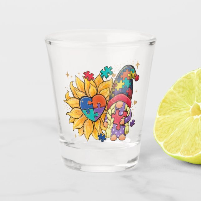 Cute Gnome, Sunflower & Heart Autism Awareness Shot Glass (Front)