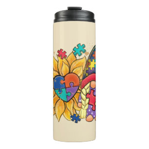 Cute Gnome, Sunflower & Heart Autism Awareness Thermal Tumbler