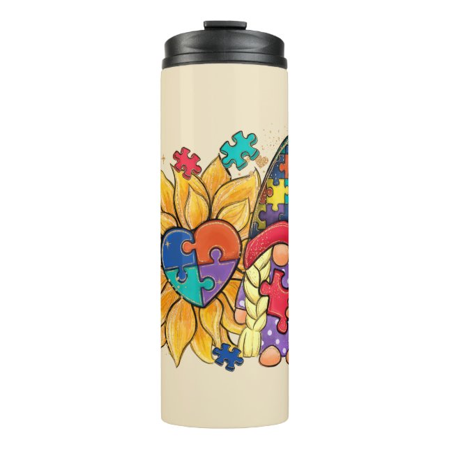 Cute Gnome, Sunflower & Heart Autism Awareness Thermal Tumbler (Front)