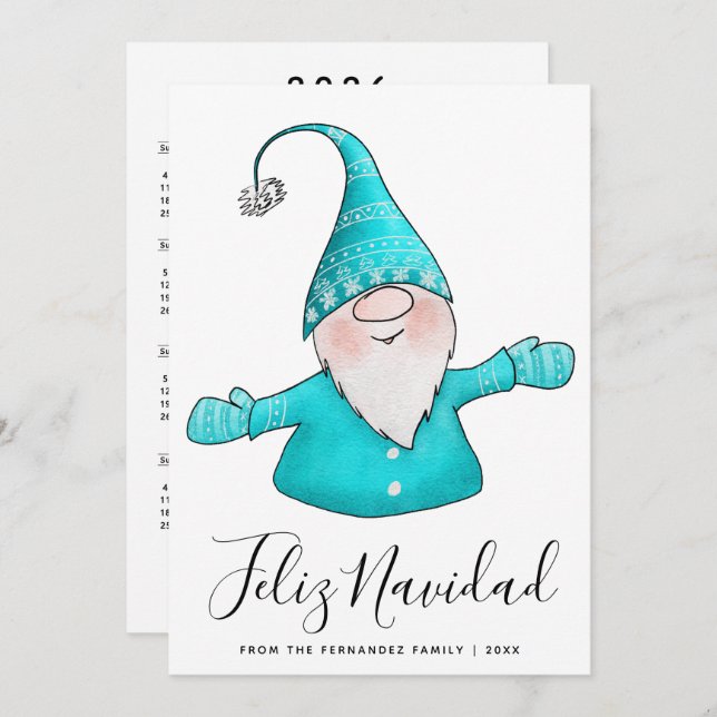 Cute Gnome Teal Blue Feliz Navidad 2026 Calendar Holiday Card (Front/Back)