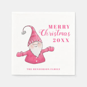 Cute Gnome White and Pink Christmas Napkin