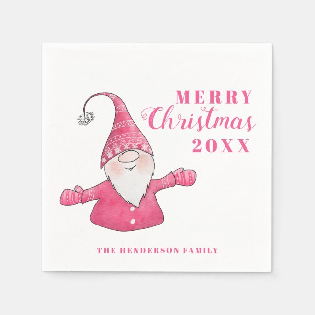 Cute Gnome White and Pink Christmas Napkin (Front)