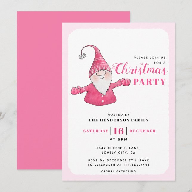 Cute Gnome White and Pink Christmas Party Invitation (Front/Back)