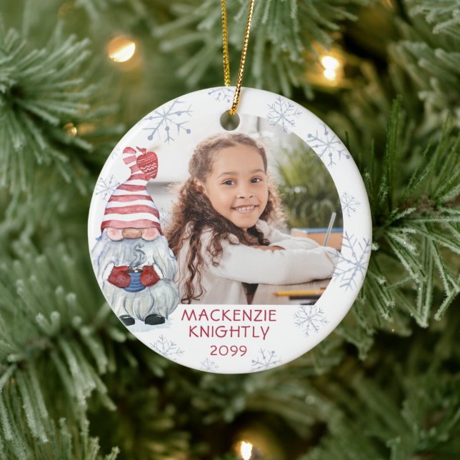 Cute Gnome Winter Snowflake 2 Photo Personalised Ceramic Tree Decoration (Tree)