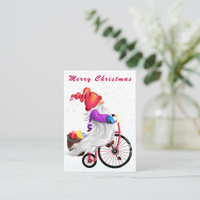 Cute Gnome with Bike Christmas Card (Standing Front)