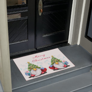 Cute Gnome with Christmas Tree Hat and Gift Doormat