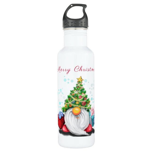 Cute Gnome with Christmas Tree Hat and Gift - Fun  710 Ml Water Bottle (Front)
