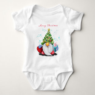 Cute Gnome with Christmas Tree Hat and Gift - Fun  Baby Bodysuit
