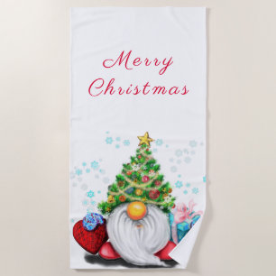 Cute Gnome with Christmas Tree Hat and Gift - Fun  Beach Towel