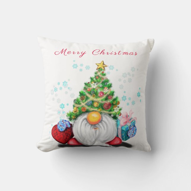 Cute Gnome with Christmas Tree Hat and Gift - Fun  Cushion (Front)