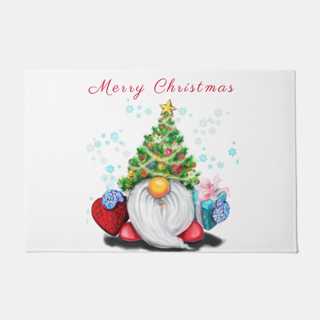 Cute Gnome with Christmas Tree Hat and Gift - Fun  Doormat (Front)
