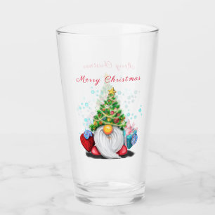 Cute Gnome with Christmas Tree Hat and Gift - Fun Glass
