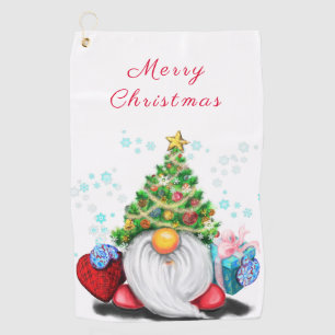 Cute Gnome with Christmas Tree Hat and Gift - Fun Golf Towel