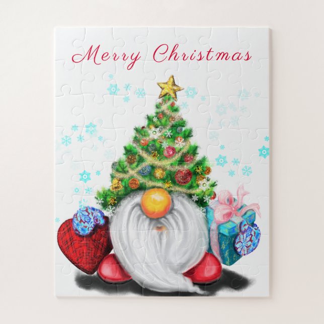 Cute Gnome with Christmas Tree Hat and Gift - Fun  Jigsaw Puzzle (Vertical)