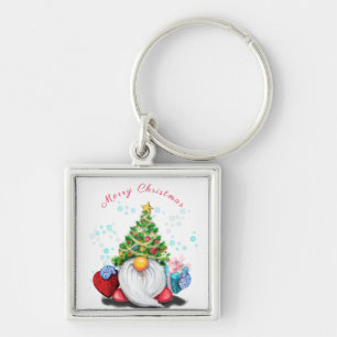 Cute Gnome with Christmas Tree Hat and Gift - Fun Key Ring