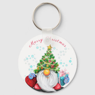 Cute Gnome with Christmas Tree Hat and Gift - Fun Key Ring