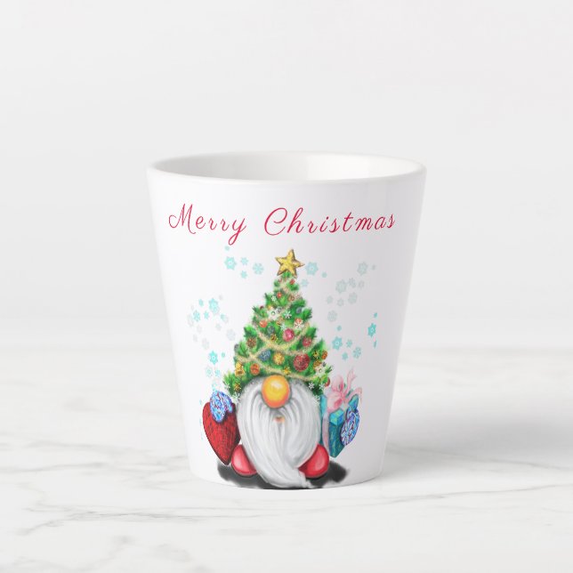 Cute Gnome with Christmas Tree Hat and Gift - Fun  Latte Mug (Front)