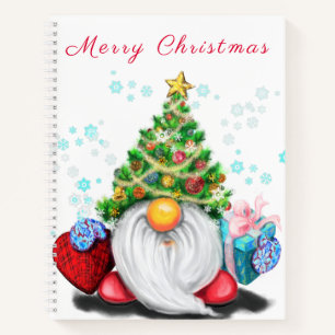 Cute Gnome with Christmas Tree Hat and Gift - Fun  Notebook