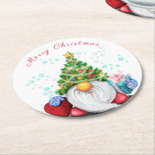 Cute Gnome with Christmas Tree Hat and Gift - Fun  Round Paper Coaster