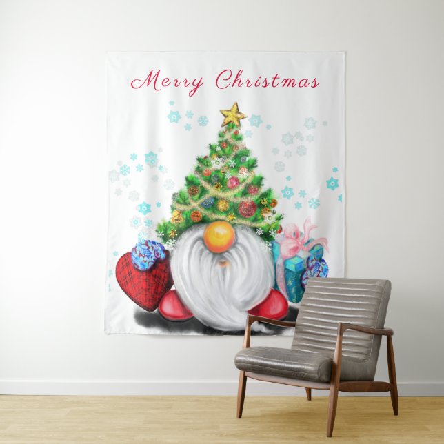 Cute Gnome with Christmas Tree Hat and Gift - Fun  Tapestry (In Situ)