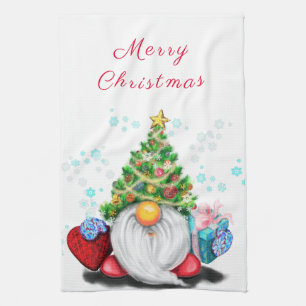Cute Gnome with Christmas Tree Hat and Gift - Fun  Tea Towel