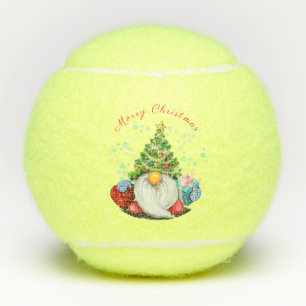 Cute Gnome with Christmas Tree Hat and Gift - Fun  Tennis Balls