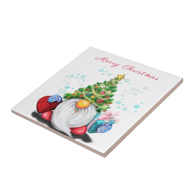 Cute Gnome with Christmas Tree Hat and Gift - Fun  Tile (Side)
