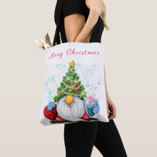 Cute Gnome with Christmas Tree Hat and Gift - Fun  Tote Bag