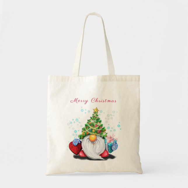 Cute Gnome with Christmas Tree Hat and Gift - Fun  Tote Bag (Front)
