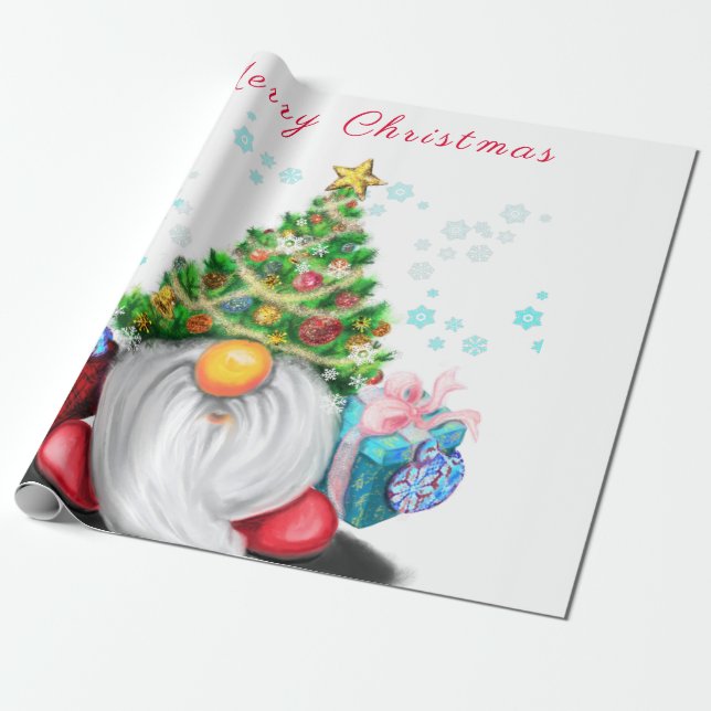 Cute Gnome with Christmas Tree Hat and Gift - Fun  Wrapping Paper (Unrolled)