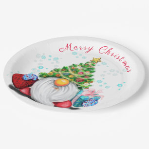 Cute Gnome with Christmas Tree Hat and Gift Funny  Paper Plate