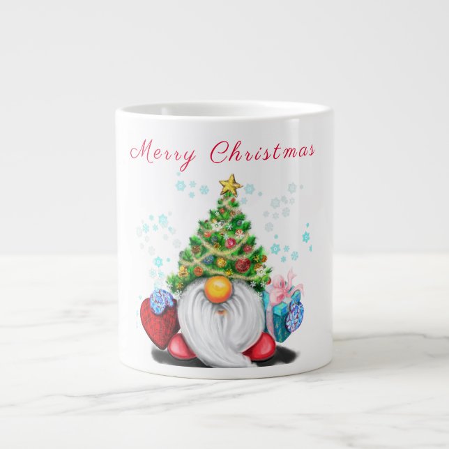 Cute Gnome with Christmas Tree Hat and Gift Large Coffee Mug (Front)