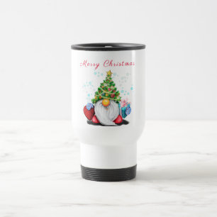 Cute Gnome with Christmas Tree Hat and Gift  Travel Mug